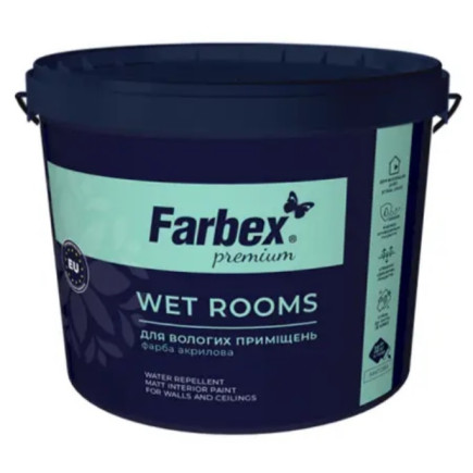 Краска интерьерная для влажных помещений ВДА "Wet Rooms", белая матовая, ТМ Farbex, 7 кг
